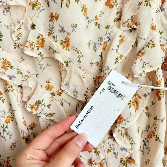 NWT Reformation Malachi Floral Ruffle Mini Dress in Cream Yellow Julius Size 6 - Picture 10 of 13